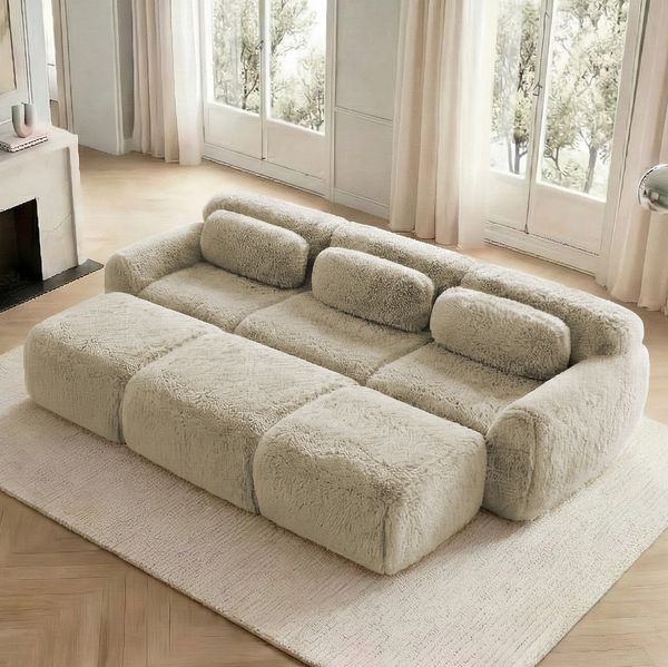 Modulares 3-Sitzer-Sofa 73cm×291cm×179cm mit 3 Ottomane – rahmenloses Schlafsofa aus Plüsch in Hellkhaki