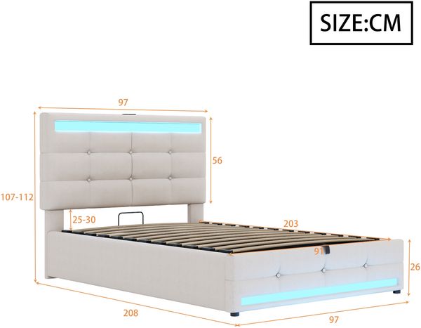 Merax Polsterbett 90x200cm mit 2 USB, Boxspringbett Einzelbett mit Stauraum und Lattenrost, Jugendbett mit Led, Funktionsbett, Leinen, Beige Bild 4