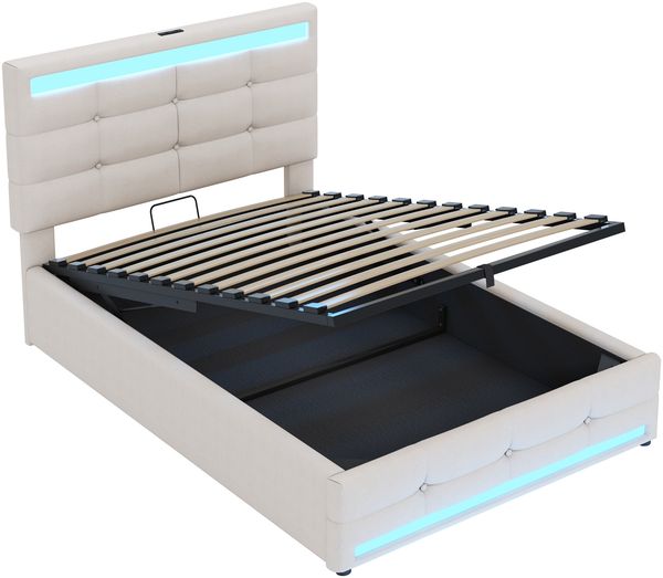 Merax Polsterbett 90x200cm mit 2 USB, Boxspringbett Einzelbett mit Stauraum und Lattenrost, Jugendbett mit Led, Funktionsbett, Leinen, Beige Bild 9