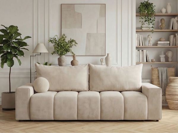 GRAINGOLD Schlafsofa Miro, mit Kissen, Couch 3-Sitzer, mit Wellenfeder und Bettkasten, Velour-Stoff, Beige