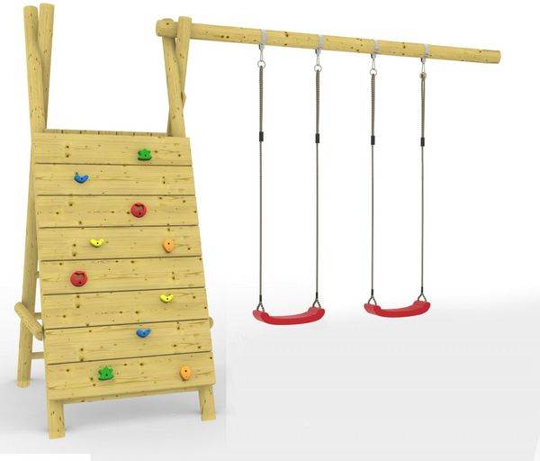 Anbauschaukel FCG mit Kletterwand und Metallverbinder inkl. Klettersteine und Bodenanker - Schaukelbalkenlänge: 300 cm – 2 Schaukelsitze: Gelb - Material: Kiefernholz