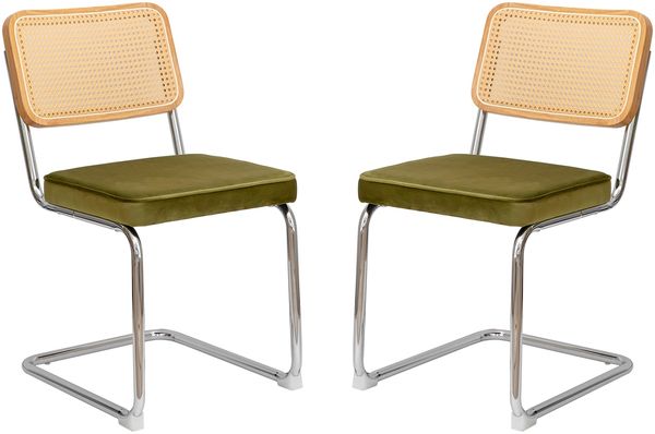 LVHOM Freischwinger 2er Set Esszimmerstuhl, Retro Küchenstuhl mit Chromgestell & Rattan-Rückenlehne, gepolsterter Samtsitz, stapelbar, moderne Wohnzimmerstuhl, Olivgrün