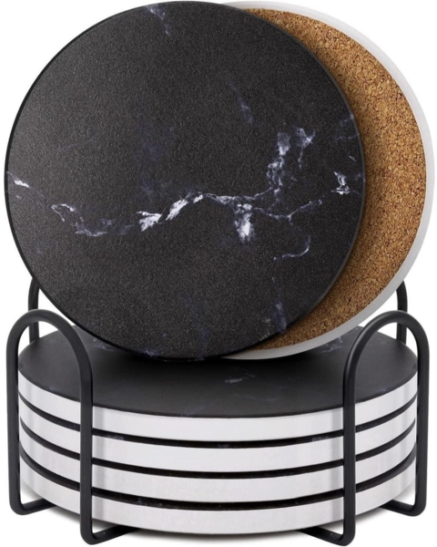 Untersetzer Gläser 6er Set Marmor Kork-Rückseite für Bars Cafés Schwarz
