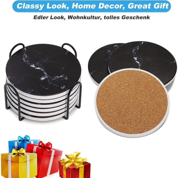 Untersetzer Gläser 6er Set Marmor Kork-Rückseite für Bars Cafés Schwarz Bild 5