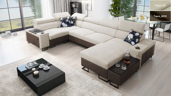 Möbel für Dich Wohnlandschaft Melody IV in U-Form mit USB, Ablagen und anderen Extras, mit Becherhalter in den Armlehnen und einem kleinen Beistelltisch