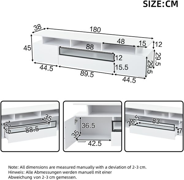 TV-Schrank 180x38x45 cm in Weiß Hochglanz mit 2 Schränken, 1 Schublade und LED Bild 5