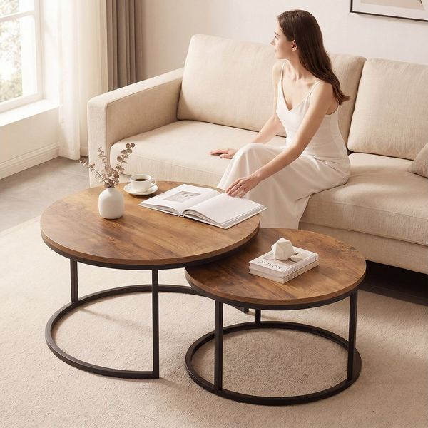 HOMCOM Couchtisch Runde Beistelltisch Kaffeetisch im Industrie-Stil mit Metallgestell (Set, 2-St, 2er-Set), für Wohnzimmer, Schlafzimmer, 60 x 60 x 45 cm, Braun
