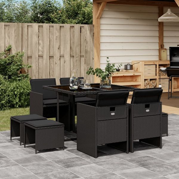 vidaXL 9-tlg. Garten-Essgruppe mit Kissen Schwarz Poly Rattan 3277722