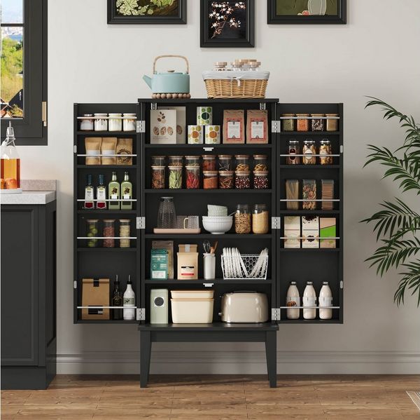 Yorbay Mehrzweckschrank Vintage Küchenschrank mit verbreitert Fundament&Kipp-Schutzvorrichtung Vintage-Stil Aufbewahrungsschrank, 120X59X30cm, Schwarz