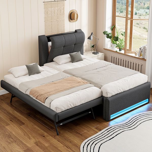 Merax Einzelbett, 90x200 cm Polsterbett mit Ausziehbett, Ausziehbett flach oder aufgestellt, LED-Beleuchtung, Grau