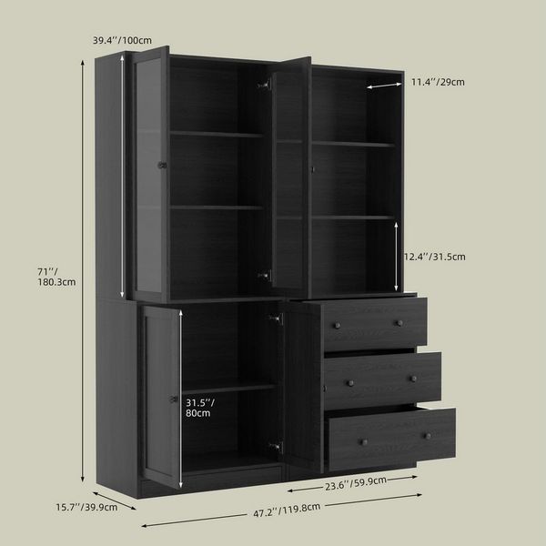 VOWNER Bücherregal 5-stöckiges Bücherregal mit Glastüren, 180 cm Vitrinenschrank, 2-tlg, multifunktionaler Küchenschrank Hochschrank & Buffetschrank