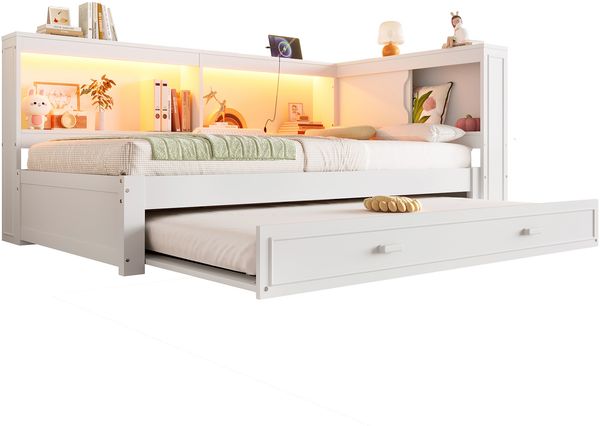 Daybett 90x200 cm Schlafsofa mit ausziehbarem Rollbett, LED-Beleuchtung, USB & Typ-C Ladestation, Weiß