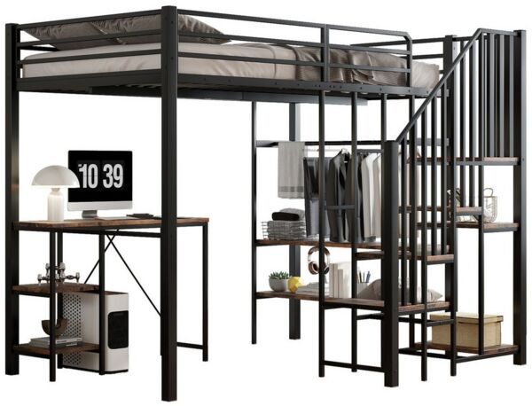 REDOM Kinderbett mit Tisch & Eckleiterregal, Offener Kleiderschrank, Arbeitsbereich (Hochbett Eisenbett, Für Kinder, Jugendliche & kleine Räume geeignet, 120x200 cm), ohne Matratze