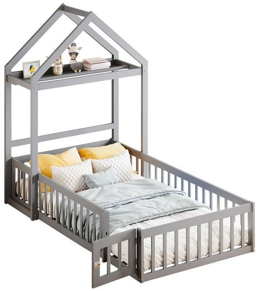 Flieks Massivholzbett, abnehmbares Kinderbett Hausbett mit Regal und Kleiderstange 90x200 cm