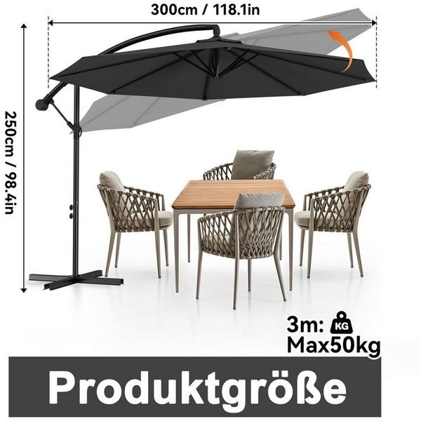 FIVMEN Sonnenschirm Freiarmschirm, Garten- und Terrassenschirm mit Kurbel, LxB: 250x300 cm, Ø300 cm