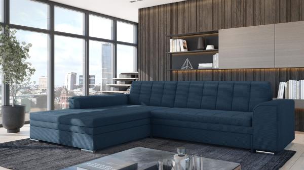 Ecksofa Sofa SARRA mit Schlaffunktion Stoff Lincoln Dunkelblau Ottomane Links