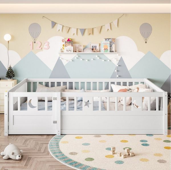 Flieks Kinderbett, Bodenbett Massivholzbett 140x190cm mit Gitter und Lattenrost