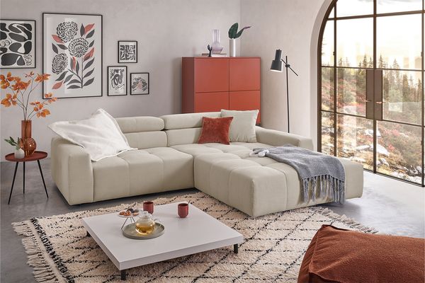KAWOLA Sofa RENO Ecksofa Feincord beige mit motorischem Sitzvorzug Longchair rechts 68 x 217 x 258 cm