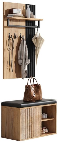 REDOM Garderoben-Set Kleiderschrank,Schuhschrank,Schuhbank, (Schuhbank Flurmöbel Schuhschrank mit 2 Türen und 8 Haken Schwarz und Naturfarben, 2-St, B70/D36/H146 cm)