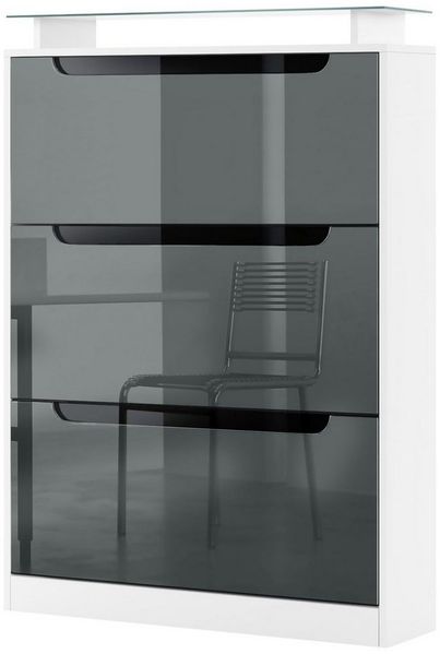 Vladon Schuhschrank Space, Schuhkipper für 24 Paar Schuhe mit 3 Klappen und Glasablage, Weiß matt/Grau Hochglanz mit Absetzungen in Schwarz Hochglanz (89 x 128 x 23 cm)