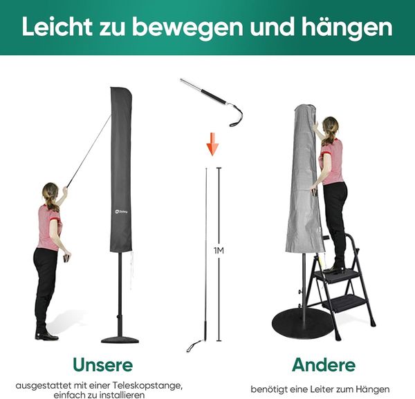 ekey Premium Schutzhülle für 300 cm Sonnenschirm | Mit Montagestab & Reißverschluss (175×30,5/36,5 cm) – Wasserdicht, UV 50+ Bild 5