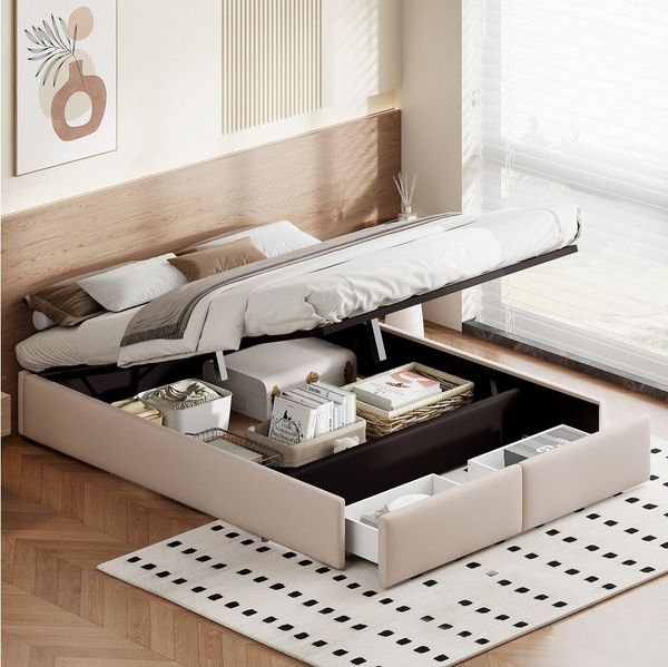 PXloue Polsterbett Doppelbett Stauraumbett, Mit 2 Schubladen und Lattenrost,Leinen,140x200 cm,ohne Matratze