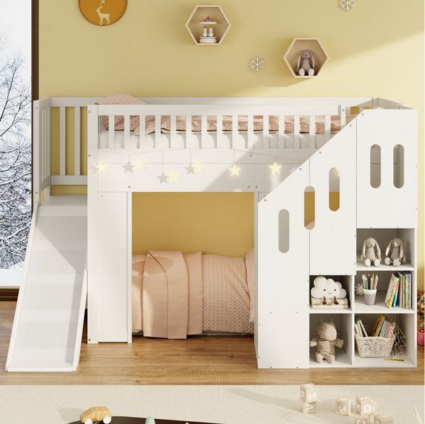 Merax Hochbett 90×200cm mit LED-Lichtleiste (1-St, Etagenbett Stockbett Jugendbett Einzelbett Hausbett) Massivholz Kinderbett mit Rutsche, Stauraumtreppe & Rausfallschutz