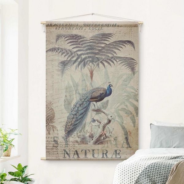 Bilderdepot24 Wandteppich modern Vintage Tropisch Landhaus Tiere Vögel blau, rechteckig, Höhe: 2.6 mm, großes Wandbild aus Natur-Baumwolle Wandbehang Stoffbild Tuch Wollseil