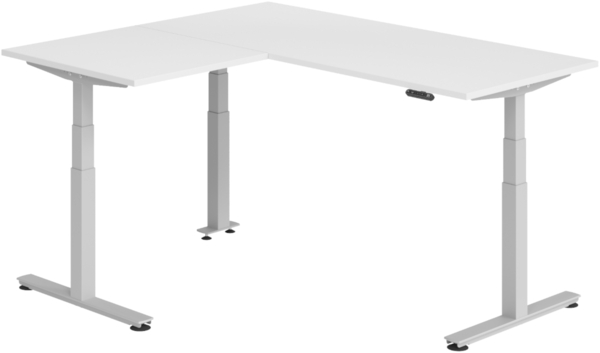 bümö Eckschreibtisch elektrisch höhenverstellbar L-Form: 180 x 160 cm in weiß, Gestell silber - Stehschreibtisch mit Memory-Steuerung, elektrischer XXL Schreibtisch für die Ecke, XDSMW-1908-W-S