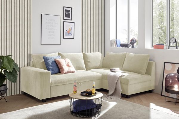Ecksofa L-Form aus Cordstoff mit Schlaffunktion, beige (Cream) – Liegefläche 147 × 207 cm, Breite 243 cm, Sitzhöhe 45 cm, Modell MIRA