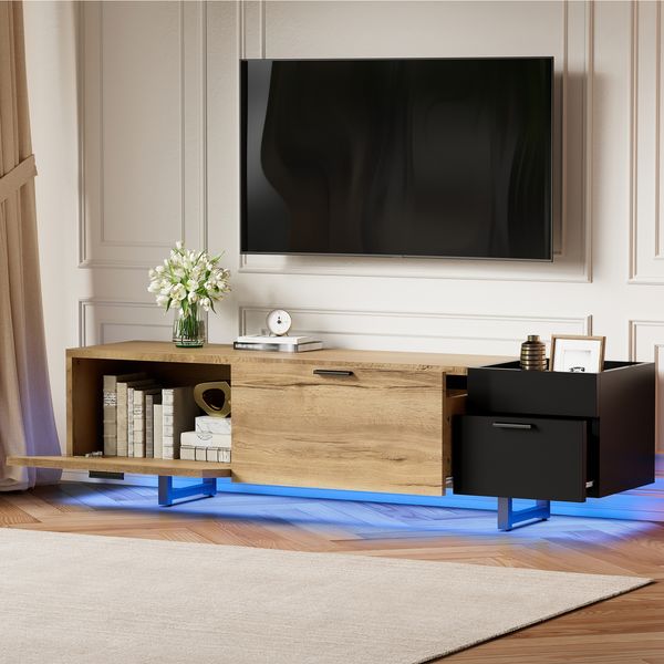 TV-Lowboard aus Holzwerkstoff mit Metallgestell & LED-Beleuchtung, 180x38x49 cm, Schwarz/Natur
