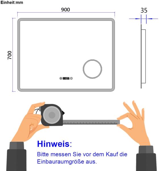 EMKE Badspiegel mit 3-fache Vergrößerung, LED Beleuchtung, 90x70cm, Kaltweißes Licht, Touch, Beschlagfrei, Uhr Bild 5
