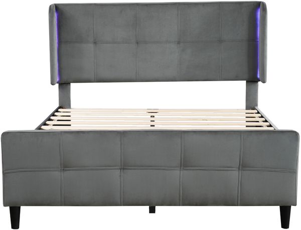 Polsterbett, Doppelbett mit 16-farbiger LED-Leisten an den Seitenohren, Gesteppte Kopf- und Fußteil, Metallkiel, Bettkopf in drei Höhen verstellbar, Samt, Grau, 140x200cm Bild 9