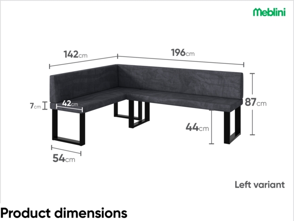 MEBLINI Eckbank für Esszimmer - Küchenbank - Essecke - Sitzecke Küche - TONI - U-Beine 142x196x87cm Links - Dunkelgrau Samt Bild 7