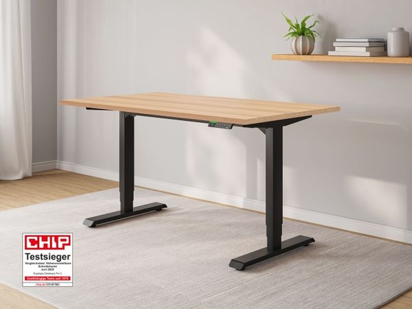 Ergotopia Desktopia Pro X I Elektrisch höhenverstellbarer Schreibtisch I 140x80 cm I Buche Echtholz eckig I Gestell Schwarz I Inkl. Ziele- und