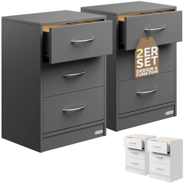 Casaria® Nachttisch 2X Anthrazit LED 3 Schubladen Kabelführung Wandbefestigung Boxspringbett Schlafzimmer Nachtschrank Nachtkonsole Nachtkommode 54 x 39 x 28 cm