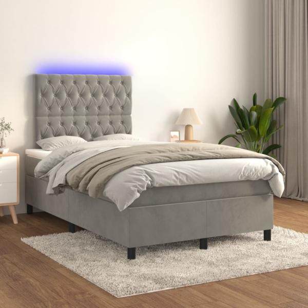 vidaXL Boxspringbett mit Matratze & LED Hellgrau 120x200 cm Samt, Härtegrad: H2 [3136293]