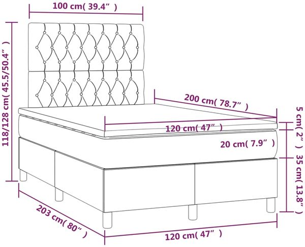 vidaXL Boxspringbett mit Matratze & LED Hellgrau 120x200 cm Samt, Härtegrad: H2 [3136293] Bild 8