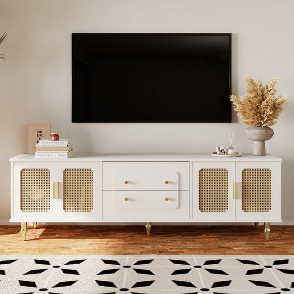 Refined Living Lowboard TV-Schrank TV-Möbel im Retro-Stil Fernsehtisch Fernsehkonsole (1 Artikel, 175*38*55,5cm, mit 4 Tür 4 Metallbeinen, goldene Griffe, viel Stauraum, Für Wohnzimmer, Schlafzimmer), Wohnzimmermöbel, Hochwertiges, elegantes Design