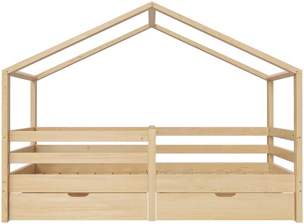 Bellabino 'Abia' Hausbett 90x200 cm mit 2 Schubladen, natur, Kiefer Massivholz, Montessori Kinderbett mit Stauraum, inkl. Rausfallschutz und Lattenrost Bild 12