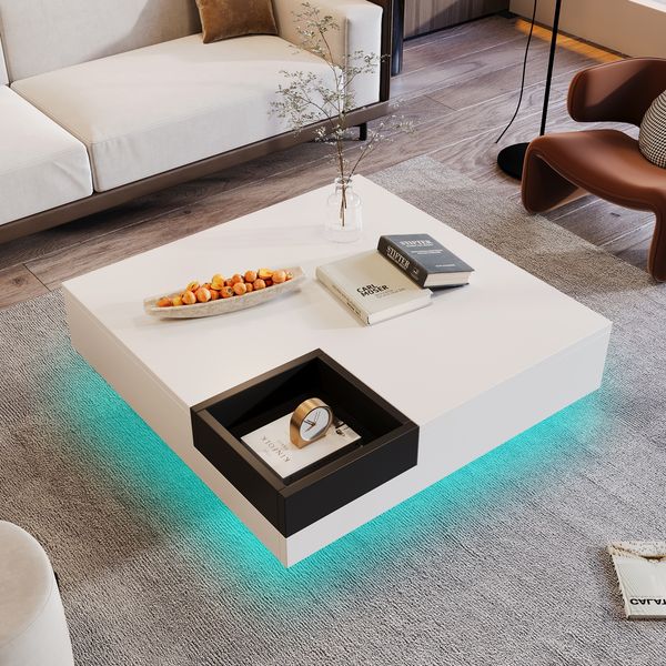 LVHOM Couchtisch Hochglanz mit LED, Beistelltisch Scandi mit herausnehmbaren Holzbox, Wohnzimmertisch Indutrial Kaffeetisch, 72x72x30cm, Weiß