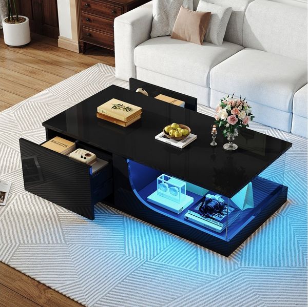 REDOM Couchtisch mit Doppelte Aufbewahrung (Sofatisch, Wohnzimmer, Kaffeetisch, 1-St, gehärtetes Glas), LED-Beleuchtung,App-gesteuerte