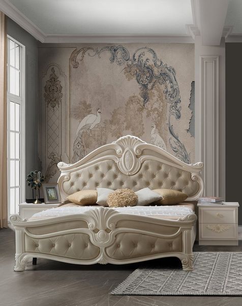 Interdesign24 Schlafzimmer-Set Aurora, (inkl. Bett 160 x 200 cm mit gepolstertem Kopf- und Fußteil und 2 Nachtkonsolen, im klassischen Barock Stil), in Cremeweiß/Beige