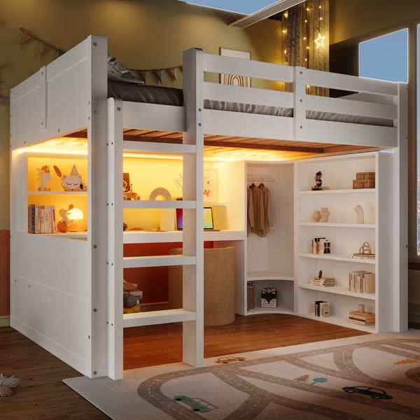 Hochbett Kinderbett 140x200 Weiß mit LED Beleuchtung Schreibtisch Kleiderschrank Schubladen Stauraum