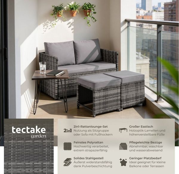 tectake Sitzgruppe 2-in-1-Rattanlounge-Set, höhenverstellbare Tischfüße, (Rattansitzmöbel Monopoli, 3-tlg, Holzoptik in grau), Tisch mit Lamellen, Belastbarkeit Bank 250 kg, Tisch 100 kg