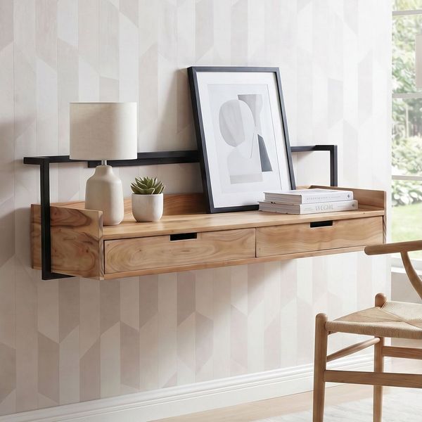 FINEBUY Schreibtisch FB117748 Wandschreibtisch 120cm Massivholz Schreibtisch Schwebend (Platzsparender Laptoptisch aus massiver Akazie), Bürotisch mit Schubladen und robustem Metallrahmen