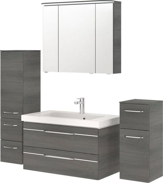 Saphir Badmöbel-Set Balto Sprint 4-teilig, Mineralmarmor-Waschtisch mit LED-Spiegelschrank, (5-St), Midischrank und Unterschrank, inkl Türdämpfer, 5 Türen, 5 Schubladen