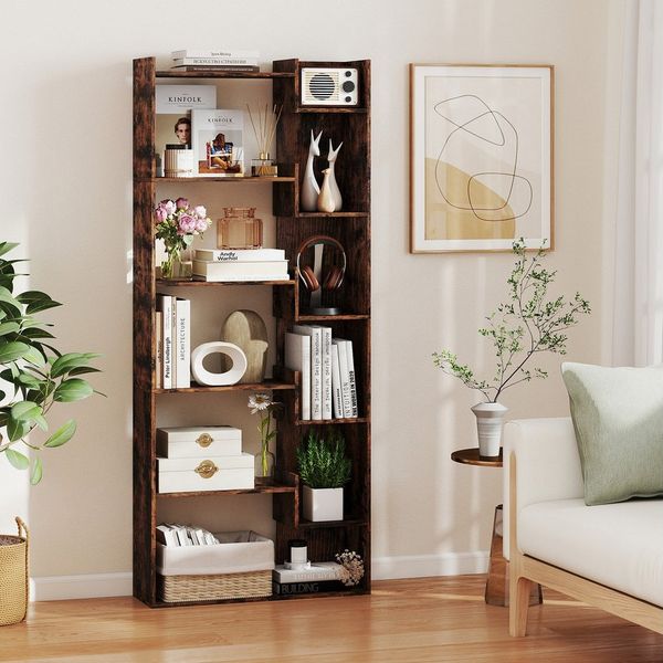 COSTWAY Bücherregal, 6-stöckiges Holzregal mit 2 Kippsicherungen 69x22x163cm