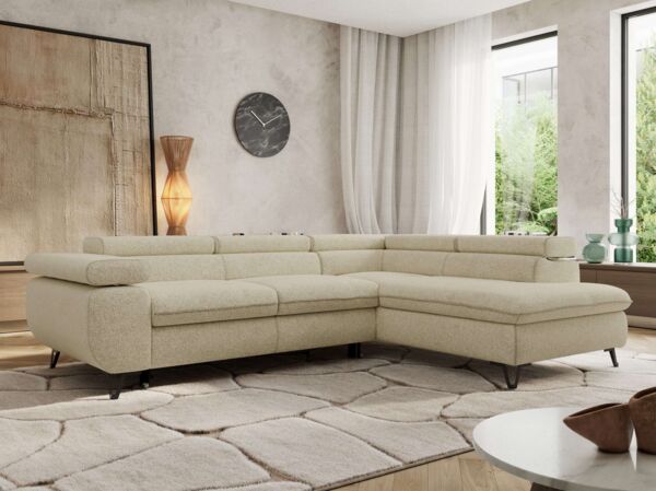 MKS Möbel 'Pablo L-Form' Ecksofa mit Schlaffunktion, verstellbare Kopfstützen, Creme, Struktur, Visco Topper, Rechts