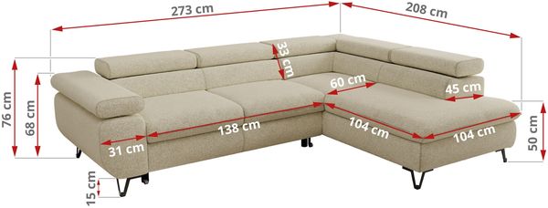 MKS Möbel 'Pablo L-Form' Ecksofa mit Schlaffunktion, verstellbare Kopfstützen, Creme, Struktur, Visco Topper, Rechts Bild 6